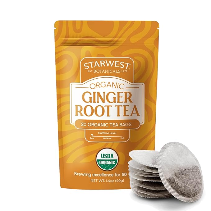 Starwest Botanicals Organic Ginger Root Tea - Caffeine Free Herbal Tea, Supports Digestion, String Free Sachets, USDA Organic Ginger Root, Non GMO - 20 Tea Bags