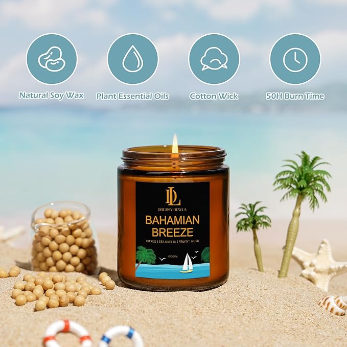Bahamian Breeze Candles, 7oz Bahama Breeze Scented Candle, Natural Soy Candles for Home Scented, Long Lasting with 50 Hour Burn Time, Gifts for Men Women