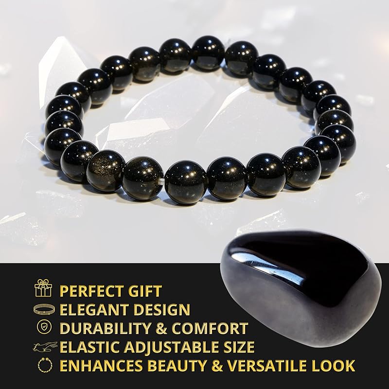 Black Obsidian Bracelet, Natural Healing Crystal Bracelet for Women and Men, 8mm Round Beaded Bracelet for Spiritual, Protection, Positive Energy, Elastic Adjustable Size Gemstone Bead Bracelet