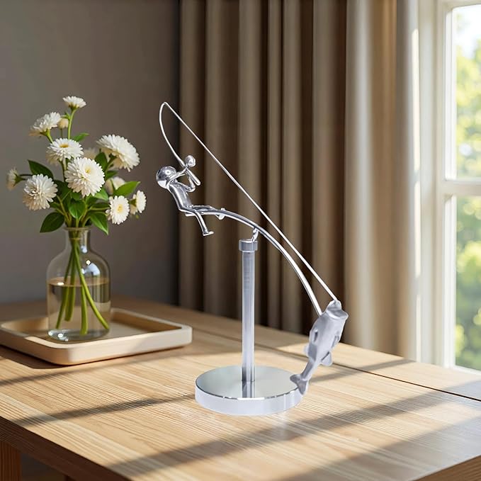 Fisherman Balance Sculpture: Balancing Fisherman, Balancing Sculpture, Stainless Steel Physical Desktop Fishing Decoration, Household Kinetic Desktop Toy. (1)