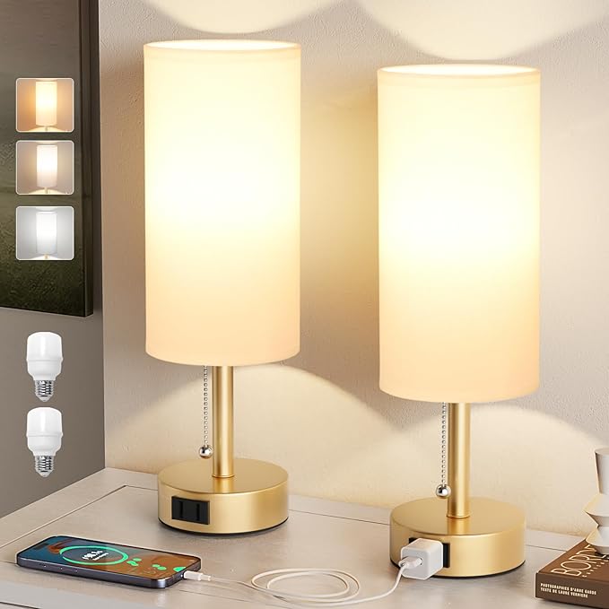 Fenmzee Gold Bedside Table Lamps Set of 2-3 Color Temperatures Pull Chain Lamp with AC Outlet Charging Port, Two Round Night Stand Lamps for Bedroom Office Living Room