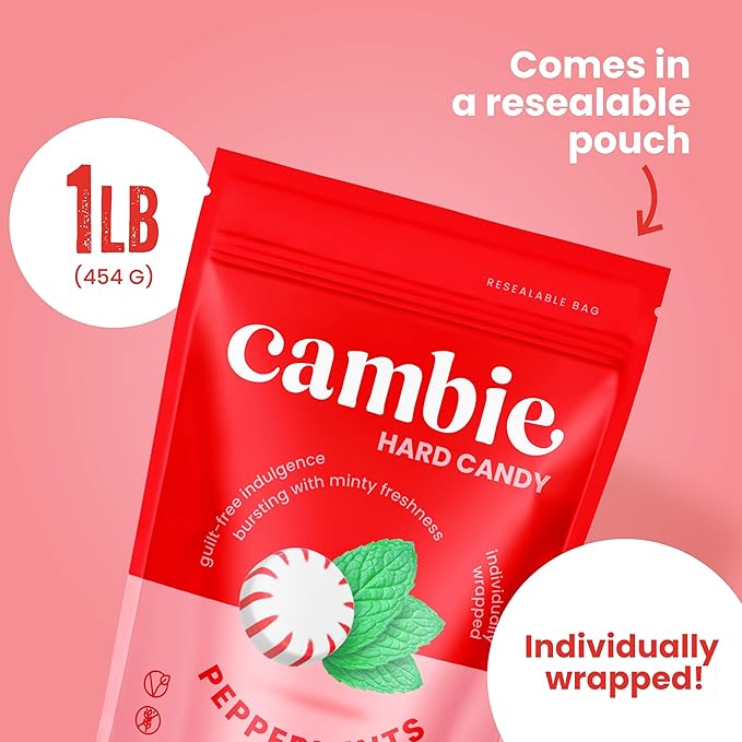 Cambie Sugar Free Mints, 1 lb of Sugar Free Hard Candy, Individually Wrapped Peppermints with a Refreshing & Sweet Mint Flavor, Packaged Fresh in a Resealable Pouch