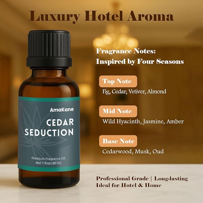 AmaKane Cedar Seduction Hotel Fragrance Oil 30ml, Essential Oil Inspired by Four Seasons Hotels, Premium Diffuser Oil for Home, Long-Lasting Aromatherapy Oil, Candle& Soap Making Scents