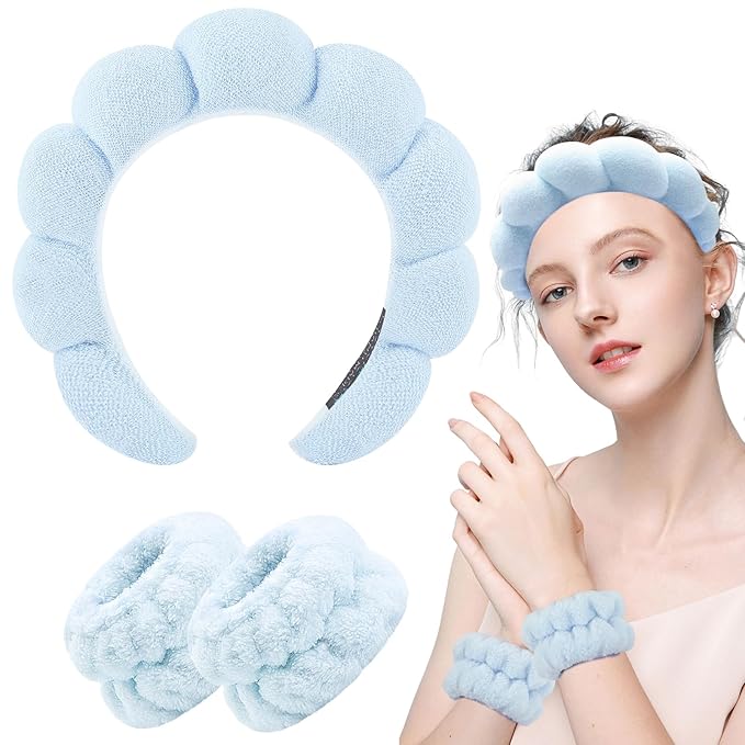 Zkptops Spa Headband for Washing Face Wristband Set Sponge Makeup Skin Care Terry Cloth Bubble Soft Get Ready Light Blue Hairband Women Girls Puffy Padded Headwear Non Slip Thick Hair Accessory