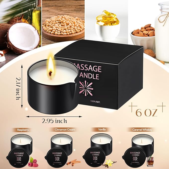 Nuanchu 4 Pcs Massage Oil Candle, 6 oz Ignite Low Temp Scented Body Oil Candles for Massage Therapy Soy Based Christmas Home Gift Spa Use 4 Scent
