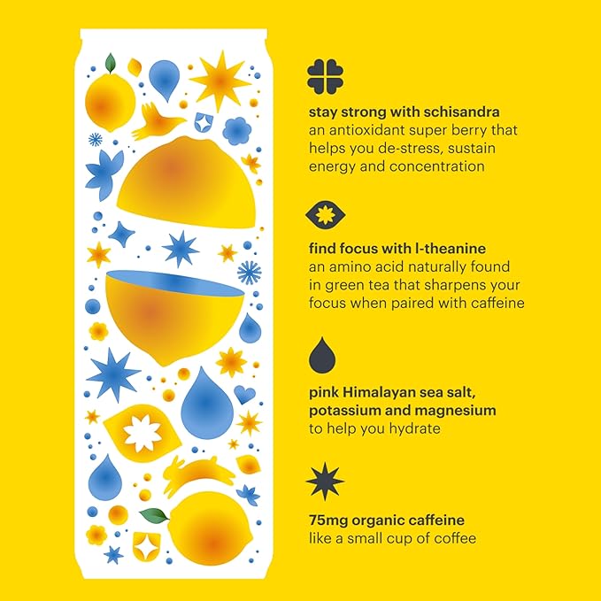 Heywell Sparkling Adaptogenic Water Energy and Focus, Lemon Fizz Flavor 12 Fluid Ounce (Pack of 12) - Caffeinated, Organic, Non GMO, Vegan, Gluten Free, Dairy Free