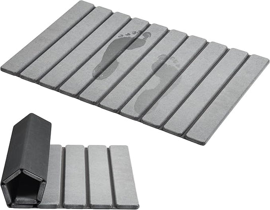 AWW Foldable Stone Bath Mat, Super Absorbent Diatomaceous Earth Mats, Non-Slip 23.6 x 15.5 Inch Quick Drying Mat, Compact and Easy to Store Bath Mats for Bathroom, Easy to Clean, Grey