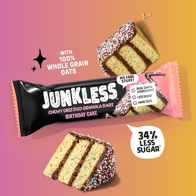 JUNKLESS Chewy Granola Bar 2‑Flavor Variety Pack (24 Bars)–Non‑GMO, Gluten‑Free, Less Sugar Snack Bars— Drizzled Birthday Cake & Berries & Cream, 4 Boxes