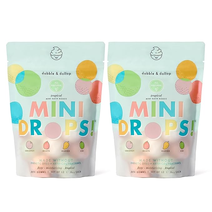 Dabble & Dollop Mini Bath Bombs, 100% Natural Droplets for Kids, Tropical Scents - Resealable Pouches, USA Made, Fizzy, Moisturizing & Fun, Vegan, Gluten-Free, Cruelty-Free (Set of 24)