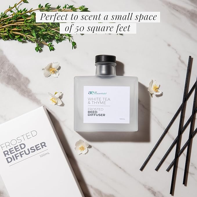 Air Esscentials Frosted White Tea & Thyme Reed Diffuser Set - Decorative Fragrance Diffuser & Oil for Bathroom & Home | Long-Lasting Aroma | Natural Scent Sticks | Essential Oils & Botanicals| 100mL