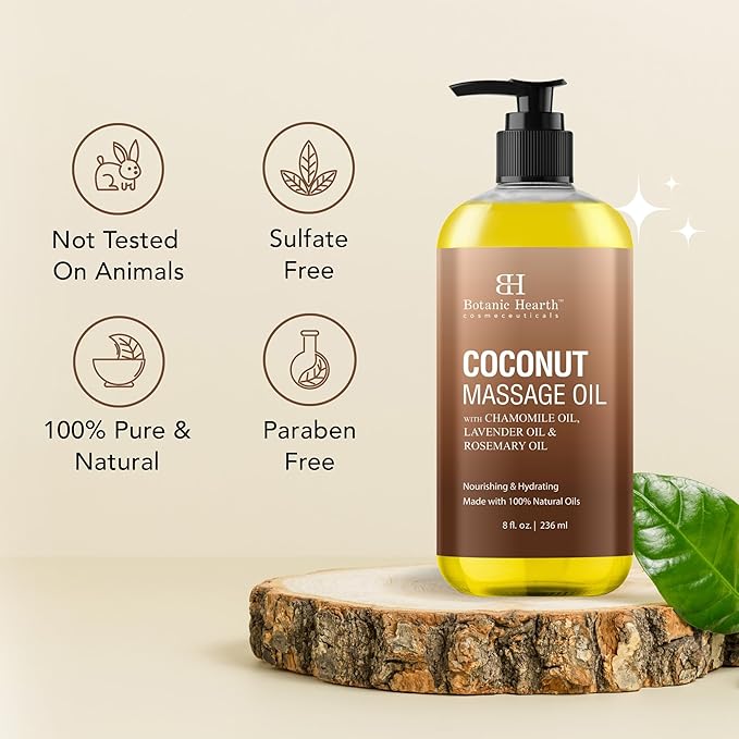Botanic Hearth Coconut Massage Oil | Ultra|Glide Formula with Soothing Aroma |Made with Natural Oils | All Skin Types, Men & Women | 8 Fl Oz