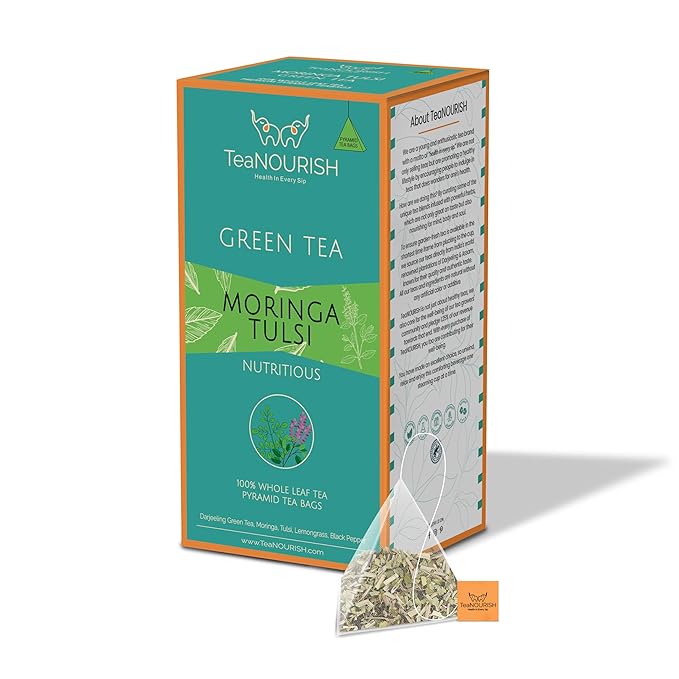 TeaNOURISH Moringa Tulsi Green Tea | 20 Count Pyramid Tea Bags | Darjeeling Whole Leaf | 100% Natural Moringa & Tulsi Leaves | Immune Support Tea