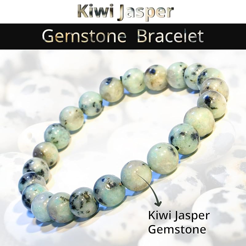 Kiwi Jasper Bracelet, Natural Healing Crystal Bracelet for Women and Men, 8mm Round Beaded Bracelet for Spiritual, Protection, Positive Energy, Elastic Adjustable Size Gemstone Bead Bracelet