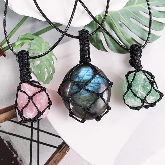 Handmade Natural Gemstone Crystal Pendant Necklace Stone Holder Necklace Cord Net Necklace with Adjustable Length for Women Men