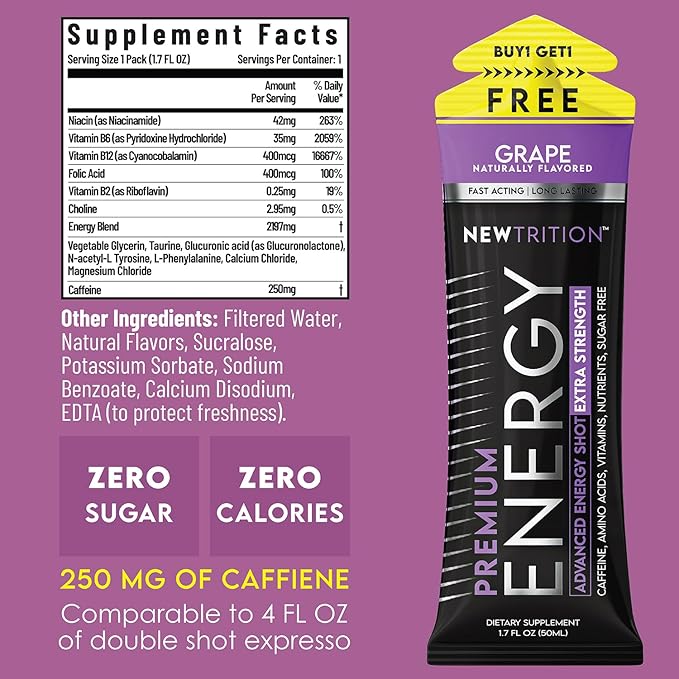 NewTrition® Extra Strength Energy Shots, 250mg Caffeine Energy Shots with Vitamin B & Amino Acids, Sugar-Free Vitamin Energy Shot, 1.7 fl oz (Pack of 24, Grape)