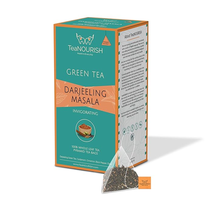 TeaNOURISH Darjeeling Masala Green Tea | 20 Count Pyramid Tea Bags | Whole Leaves | Blended with Cardamom, Cinnamon, Black Pepper & Clove | 100% NATURAL INFUSION