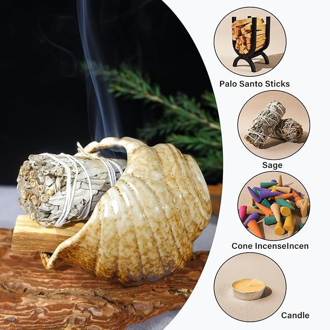 Mini Conch Chiminea Palo Santo Burner - Ceramic Smudging Bowl/Incense Chimney Works with Palo Santo Sticks/Sage/Copal,Tabletop Altar, Thoughtful Gifts for Meditation, Yoga, Aromatherapy