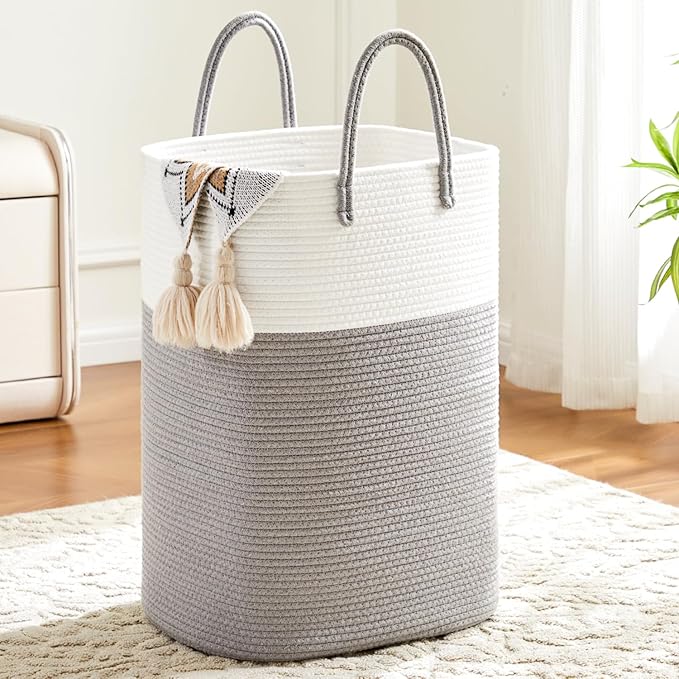 Laundry Basket,Woven Cotton Rope Laundry Hamper,Versatile Storage for Dirty Clothes,Baby Toys,and Blankets in Bathroom, Nursery,and Living Room (Grey, 40L)