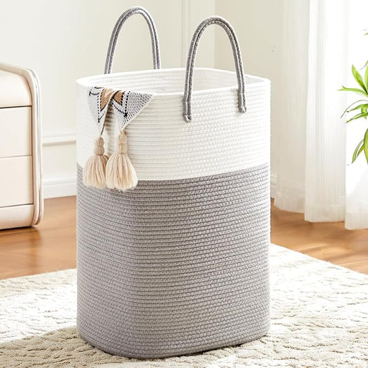 Laundry Basket,Woven Cotton Rope Laundry Hamper,Versatile Storage for Dirty Clothes,Baby Toys,and Blankets in Bathroom, Nursery,and Living Room (Grey, 100L)
