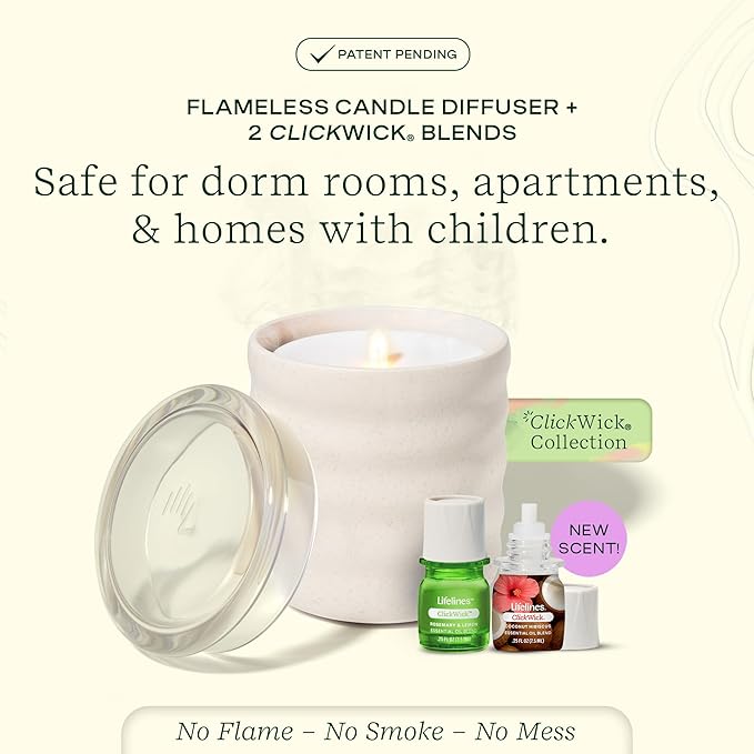 Lifelines Flameless Candle Aromatherapy Essential Oil Diffuser with 2 ClickWick Essential Oil Blends - Cordless & Waterless Diffuser for Home - Scented Electric Candles Blow Out Flame - Cream Bubble