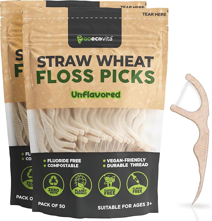 Dental Floss Picks - Straw Wheat Flossers | Thin & Shred-Resistant Thread for Tight Gaps | Flossers for Adults | Gentle on Gums & Teeth | Vegan (100 Pack, Unflavored)