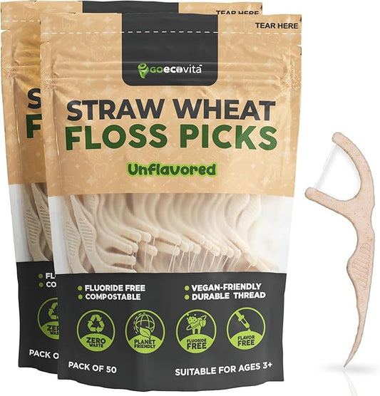 Dental Floss Picks - Straw Wheat Flossers | Thin & Shred-Resistant Thread for Tight Gaps | Flossers for Adults | Gentle on Gums & Teeth | Vegan (100 Pack, Unflavored)