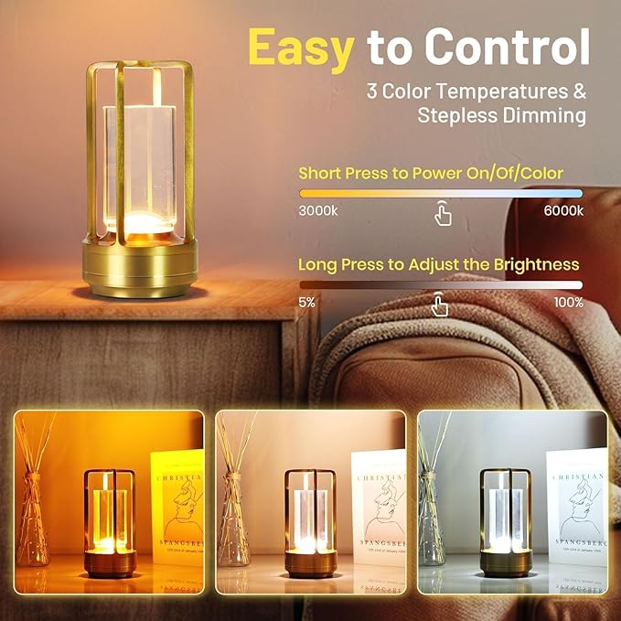 Crystal Lantern Light, Czgor Battery Operated Rechargeable Cordless Crystal Table Lantern Lamp with 3-Color, Portable Small LED Desk Lamp for Indoor/Outdoor Patio Camping Bedroom Bar Restaurant(Gold)