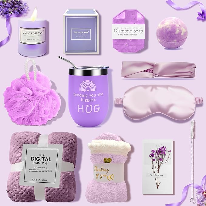 Birthday Gifts for Women - Self Care Gifts, Get Well Soon Gifts for Women, Unique Relaxing Spa Gifts Basket with Flannel Blanket, Tumbler, Socks, Soap & Candle, for Grandma Sister Mom, Wife, Her