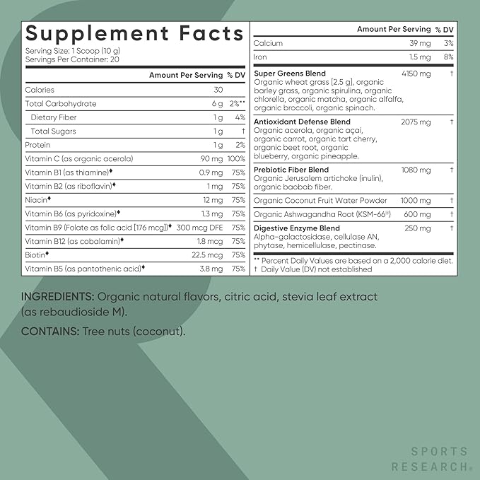 Sports Research® Organic Greens Superfood Powder w/Spirulina & Chlorella, Adaptogens, Enzymes, Probiotics & 8 VIT Bs for Gut & Mood Support* - Vegan, Sugar-Free & Low-Cal Original 20 Servings