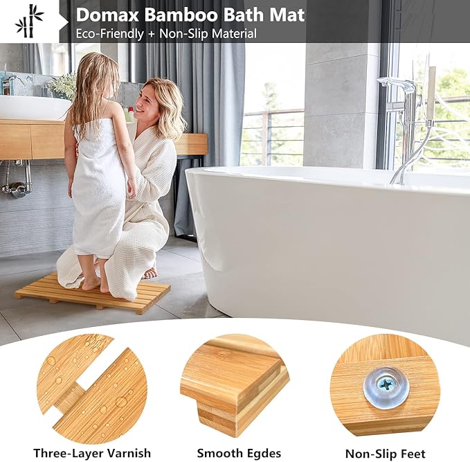 Domax Bamboo Bath Mat - Non Slip Waterproof Wooden Shower Floor Mat for Bathroom, Sauna, Spa, Outdoor Use (Natural, 21.26 x 14.17 x 1.3 Inch)