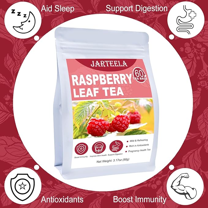 Jarteela - Raspberry Leaf Tea Bag, 1.5g x 60 Count - Natural Red Raspberry Leaf Herbal Tea Pregnancy - Premium Herbs - Non-GMO - Caffeine-free Tea - Aids In Digestion