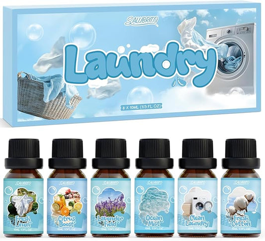 SALUBRITO Laundry Fragrance Oils, Clean Essential Oil Set for Home & Diffuser, Use With Wool Dryer Balls, Fresh Linen, Fresh Cotton, Lavender Field, Citrus Boost, Ocean Mist, Clean Laundry Scented Oil