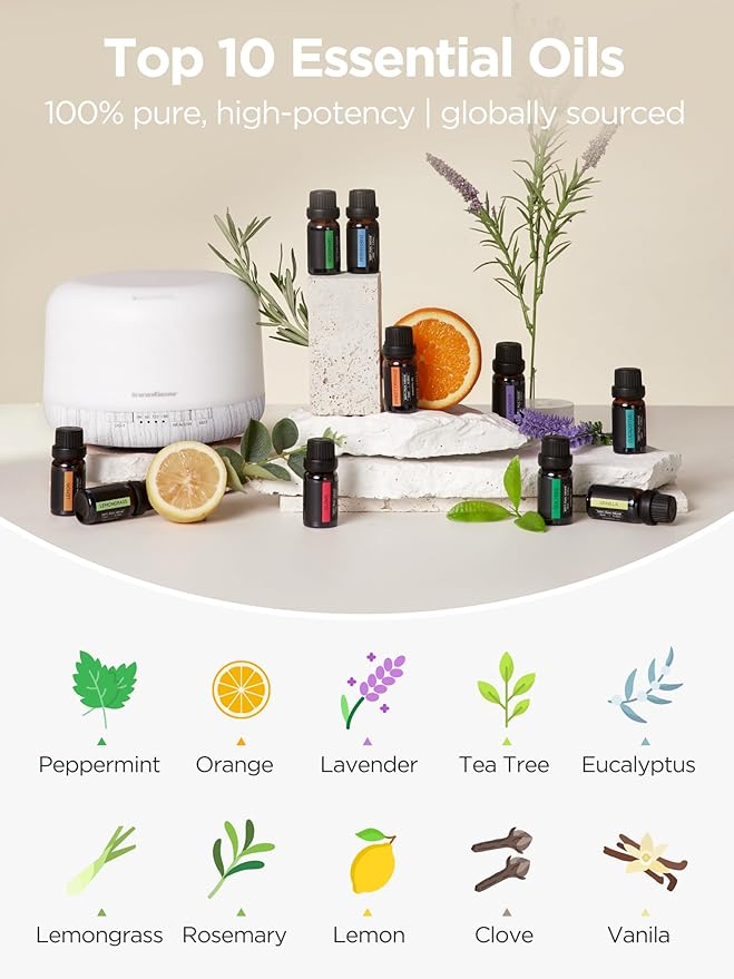 InnoGear Aromatherapy Diffuser & 10 Essential Oils Set, 500ml Essential Oil Diffuser with Remote Control Ultrasonic Cool Mist Scent Humidifier Vaporizer Auto-Off Timer for Room Office Home, White