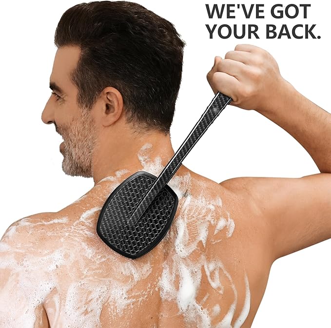 New Carbon Fiber Silicone Back Scrubber for Shower, Back Shower Brush with Long Handle Back Scrubber for Men and Women