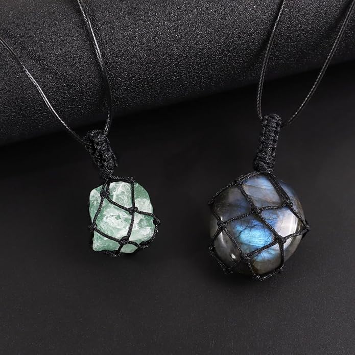 Handmade Natural Gemstone Crystal Pendant Necklace Stone Holder Necklace Cord Net Necklace with Adjustable Length for Women Men