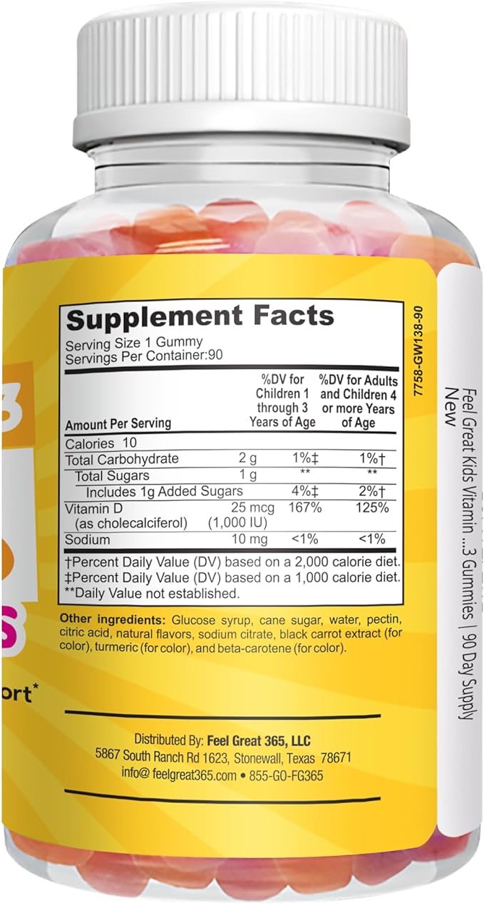 Feel Great Kids Vitamin D3 1000 IU Gummies | Kids Vitamin D Gummies for Healthy Bones, Mood, & Immune Support | Citrus Flavored Vegetarian D3 Gummies | 90 Day Supply