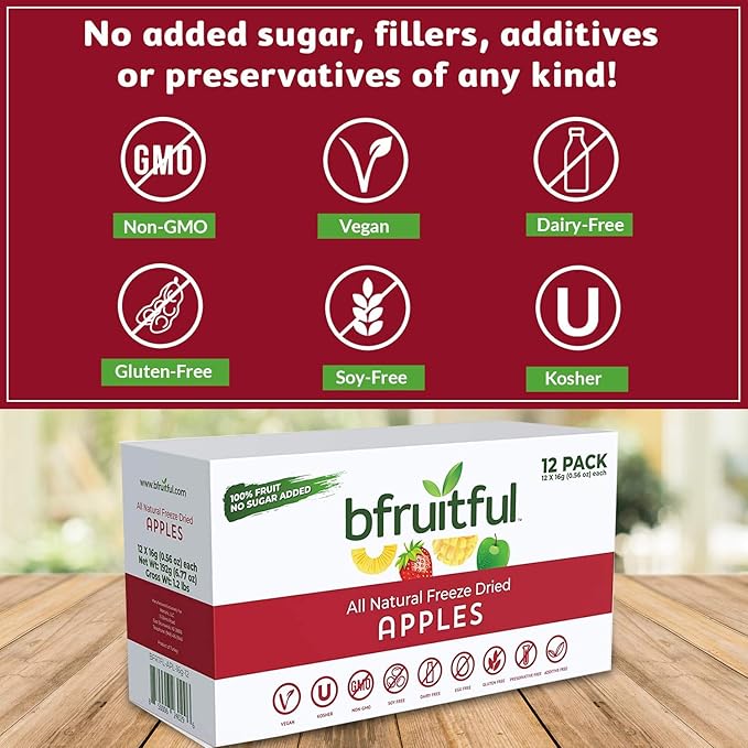 bfruitful Freeze-Dried Apple, Freeze Dried Fresh Fruit Bites, Gluten Free, Vegan, Dairy Free, Kosher, No Sugar Added, Non GMO, Healthy Snacks for Kids or Adults, 0.56 oz Single-Serve Snack Packets, 12 Pack