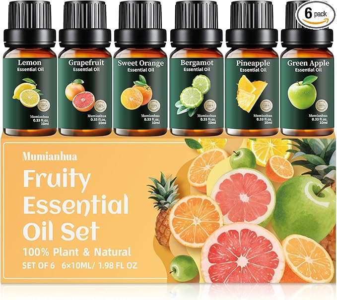 Fruity Essential Oils Set Pure, Mumianhua Lemon, Grapefruit, Orange, Bergamot, Pineapple, Green Apple Natural Aromatherapy Oil for Diffuser, Humidifier, Candle&Soap Making 6x10ml Vitality Morning Set