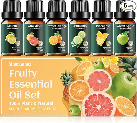 Fruity Essential Oils Set Pure, Mumianhua Lemon, Grapefruit, Orange, Bergamot, Pineapple, Green Apple Natural Aromatherapy Oil for Diffuser, Humidifier, Candle&Soap Making 6x10ml Vitality Morning Set