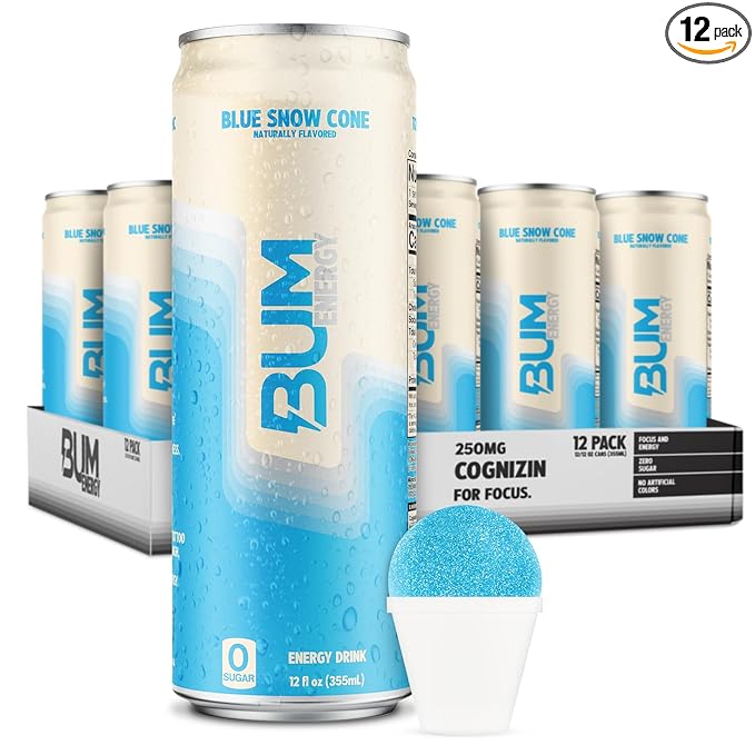 BUM Sugar-Free Energy Drink, Blue Snow Cone - Lightly Carbonated & No Artificial Colors, Natural Caffeine & Citicoline for Energy & Focus, Brain Boost & Workout Sports Beverage - 12 oz, Pack of 12