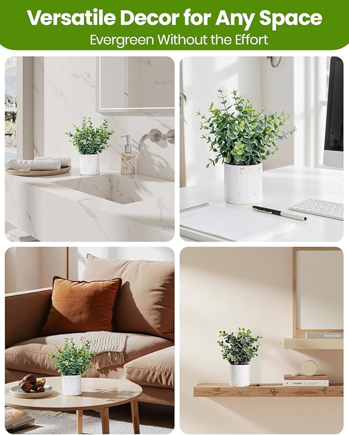 Artificial Eucalyptus Plants in White Ceramic Pots, 2 Pack Faux Greenery Decor with Different Leaf Styles, Small Potted Plants for Shelf, Bathroom, Bedroom, Office Desk, 9.05" Tall