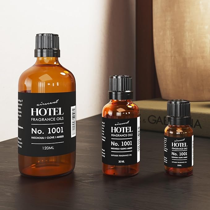 AirScent Hotel Diffuser Oil No. 1001 - Patchouli Clove Amber - Hotel Scent Dupe - Premium Fragrance Oil for Ultrasonic and Waterless Diffusers- 120 mL, 4 fl oz Glass Dropper Bottle