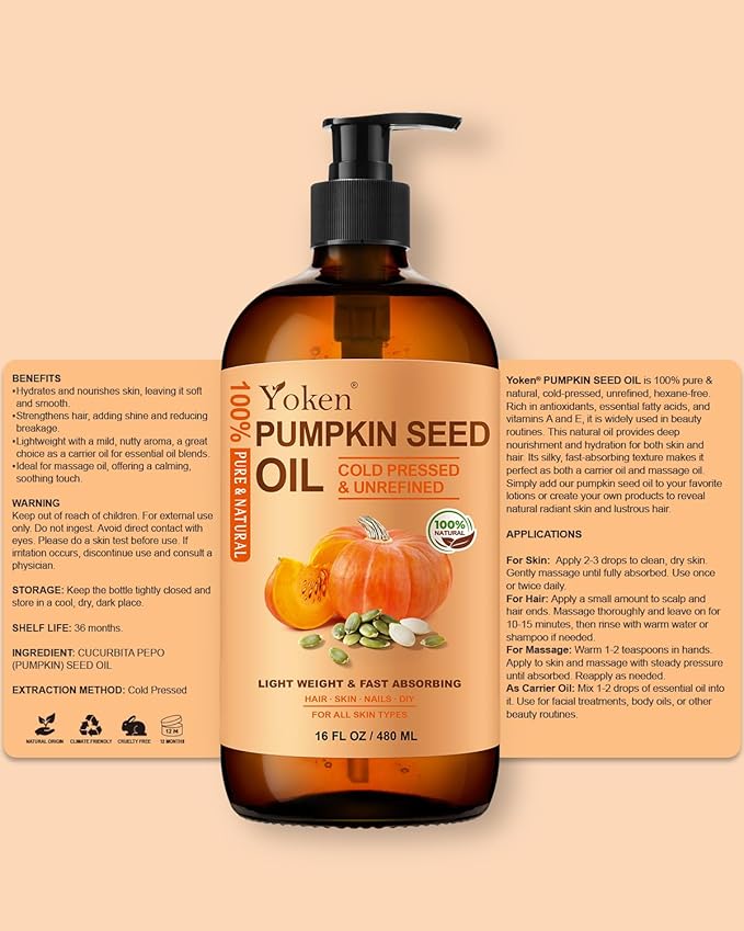 Cold-Pressed Pumpkin Seed Oil for Hair, Glass Bottle, 100% Pure & Natural Carrier, Massage Oils, Unrefined, 16 Fl Oz with Pump, Pumpkin Oil for Skin, Face, Nails, Body Moisturizer, Hexane-Free