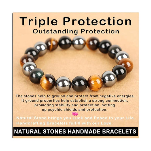 AD Beads Handmade Gemstone Stretch Elastic Bracelet Crystal Healing Reiki Nature's Beauty and Spiritual Essence Unisex (10mm, Triple Protection (Strong Protect))
