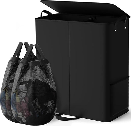 Large Double Laundry Hamper with Lid, Removable Bags & Reinforced Handles, 2 Section Tall Laundry Basket, Dirty Clothes Hampers for Laundry Room, Bedroom, Bathroom, Dorm, 155L, Black