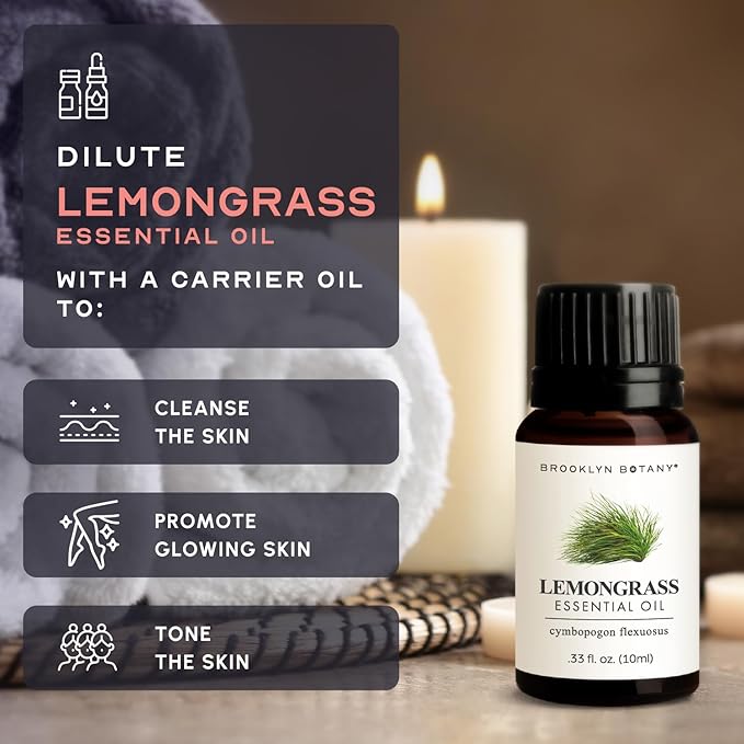 Brooklyn Botany Lemongrass Essential Oil - 100% Pure and Natural - Premium Grade Essential Oil - for Aromatherapy and Diffuser - 0.33 Fl Oz