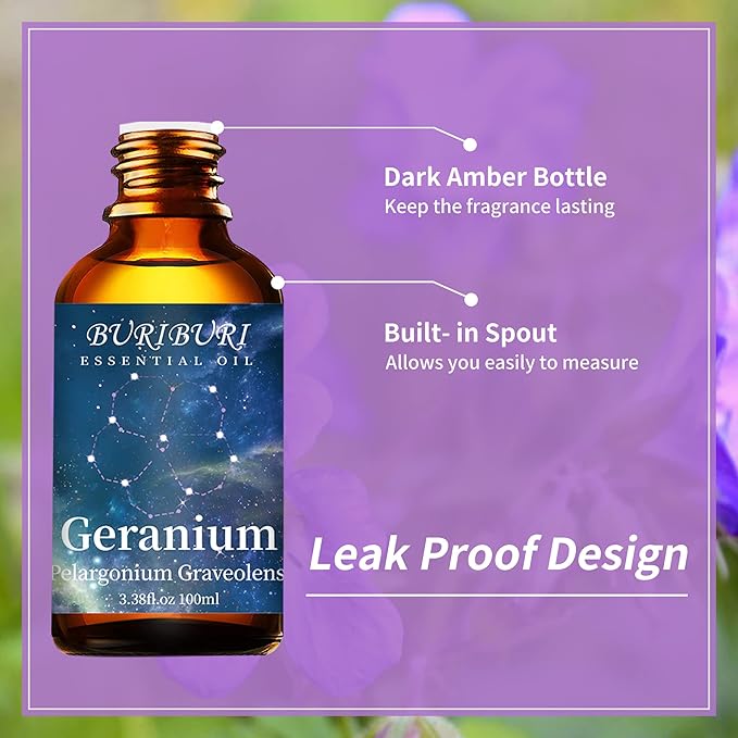 BURIBURI 100ML Geranium Essential Oil, 100% Pure Undiluted Aromatherapy Geranium Oil 3.38fl.oz for Soap, Candle Making, Massage, Diffuser, Humidifier