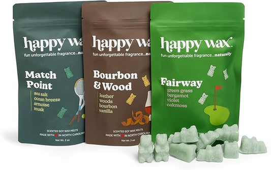 Happy Wax Country Club Mix Premium Scented Natural, Non Toxic Soy Wax Melts – 6 Total Oz. of Scented Wax Melts. Includes: Match Point, Bourbon and Wood, and Fairway