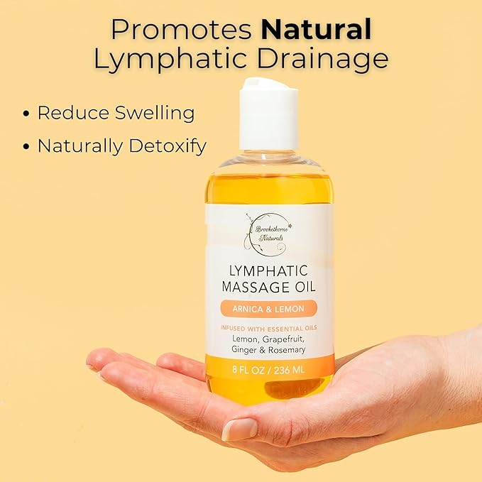 Lymphatic Massage Oil for Massage Therapy | 100% Natural Lymphatic Drainage Oil | Premium Quality with Arnica, Lemon & Ginger | for Post Surgery Recovery & Detox | 8oz by Brookethorne Naturals