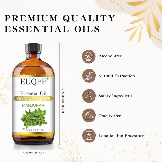 EUQEE Marjoram Essential Oil 118 ml Large Bottle Premium Marjoram Oil with Glass Dropper Great for Diffusers, Soap Candle Making - 4 oz